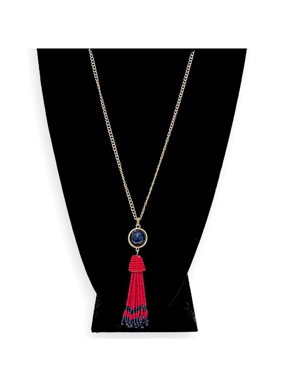 TALBOTS | Magenta & Navy Beaded Gold Tassel Long Pendant Necklace | NWOT